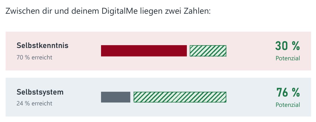 Zwischen dir und deinem DigitalMe liegen zwei Zahlen: Selbstkenntnis 67 Prozent erreicht, 33 Prozent Potenzial; Selbstsystem 33 Prozent erreicht, 67 Prozent Potenzial